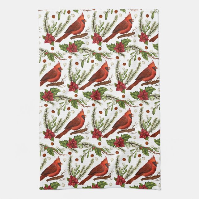 Red Bird, holly leaves, poinsettia, pine  Kitchen Towel (Vertical)