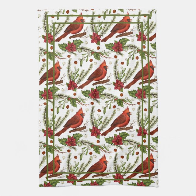 Red Bird, holly leaves, poinsettia, pine  Kitchen Towel (Vertical)