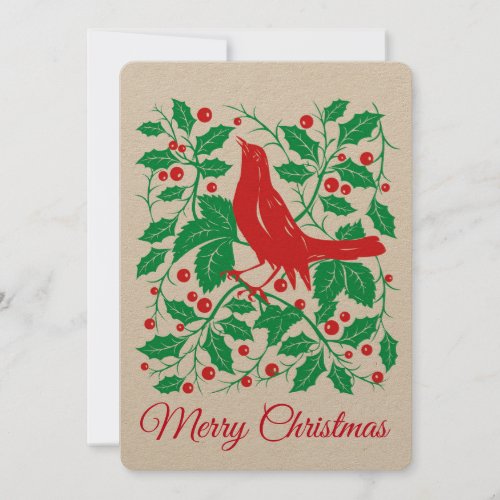 Red Bird  Holly with Berries Flat Holiday Card
