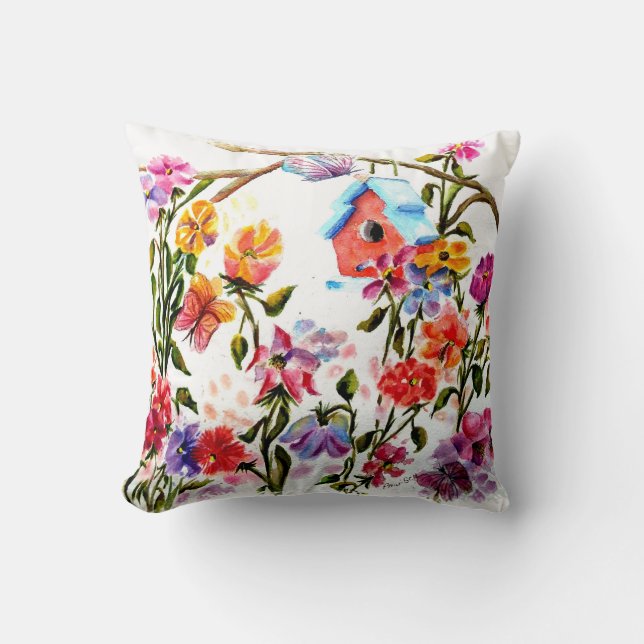 RED BIRD HOUSE THROW PILLOW (Front)