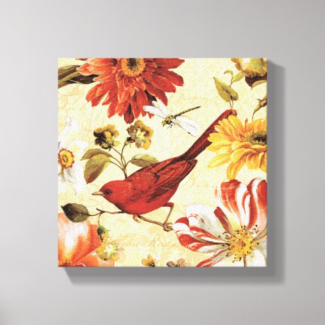 Red Bird in a Flower Garden Canvas Print (Front)