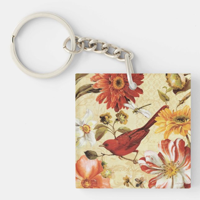 Red Bird in a Flower Garden Keychain (Front)