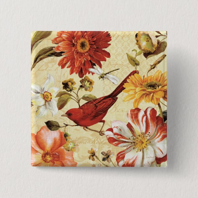 Red Bird in a Flower Garden Pinback Button (Front)