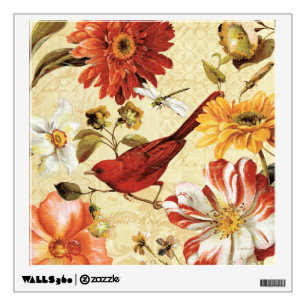 Red Bird in a Flower Garden Wall Decal