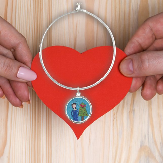Red Bird in Apple Tree Singing to Woman Blue Bangle Bracelet (Red bird in apple tree singing to lady in blue dress on blue bangle bracelet with charm.)