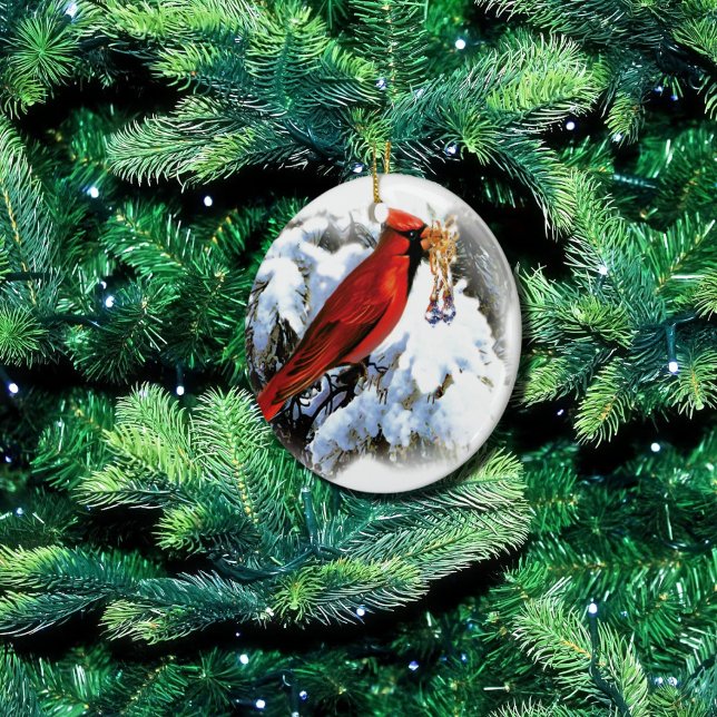 red bird in snow ceramic ornament (Creator Uploaded)
