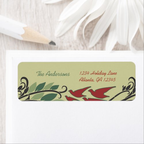 Red Bird Leaf Swirl Art Nouveau Return Address Label