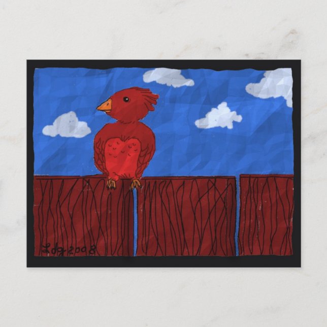 Red Bird on a Fence Postcard (Front)