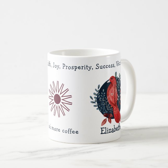 Red Bird On Blue Background. Unique And Funny Coffee Mug (Front Right)