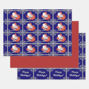 Red Bird on Blue-Red-Personalized Blue and Silver Wrapping Paper Sheets