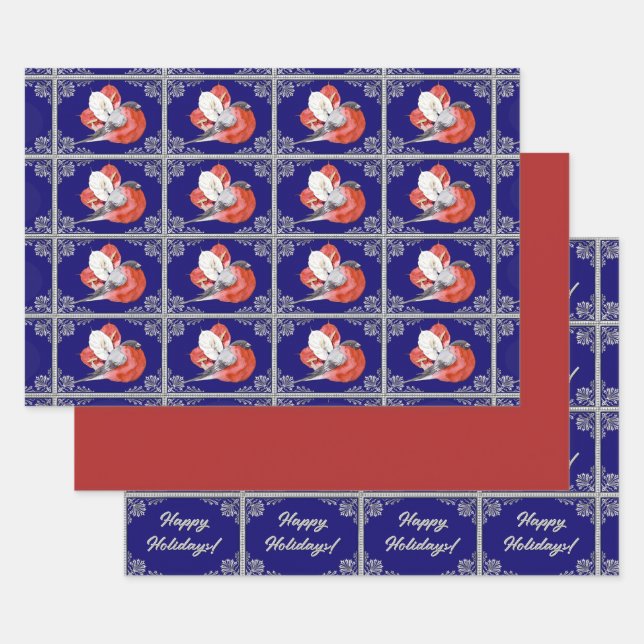 Red Bird on Blue-Red-Personalized Blue and Silver Wrapping Paper Sheets (Set)
