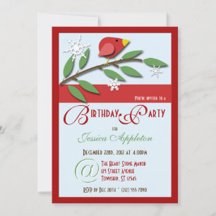 Red Bird on Branch - Birthday Party Invitations
