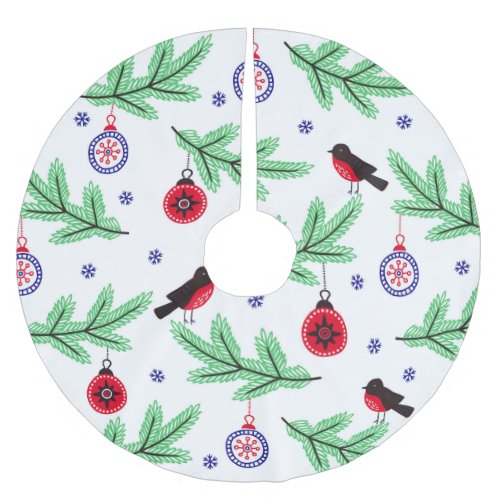 Red Bird on Pine Branch with Ornaments Brushed Polyester Tree Skirt