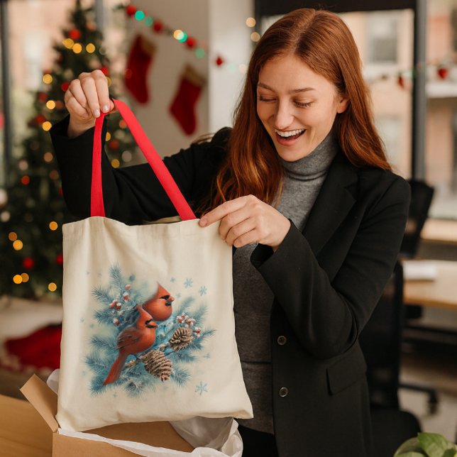Red Bird & Pine Holiday Nature  Tote Bag (Festive cardinal tote bag with pinecones perfect holiday gift for nature lovers and coworkers.)