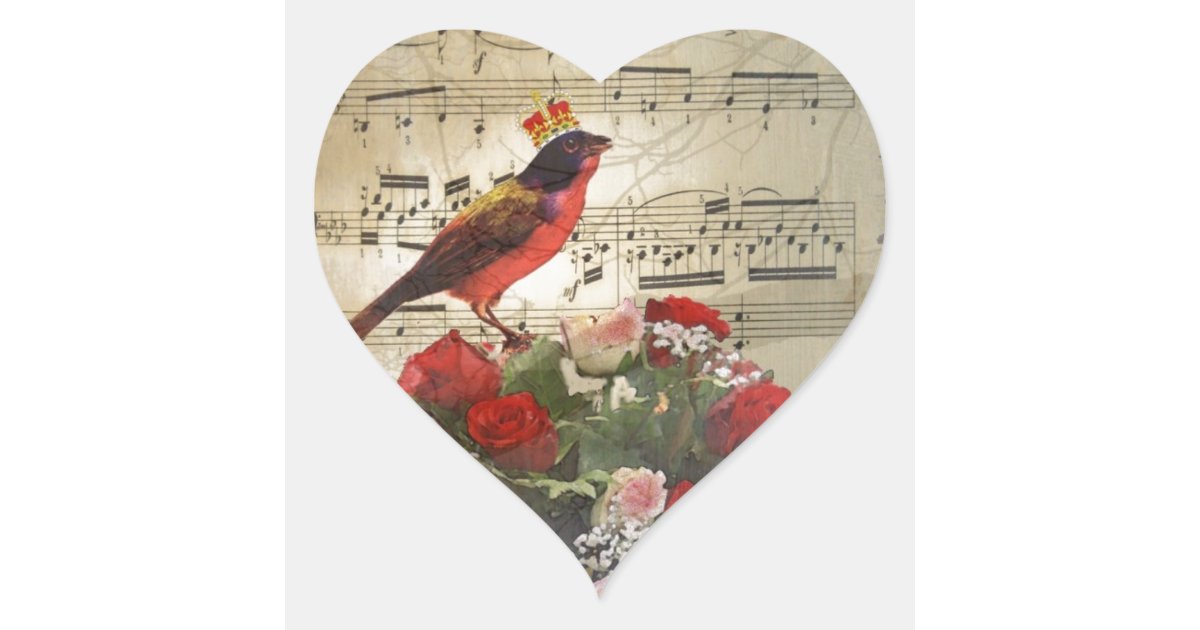 Red Bird Roses On Vintage Music Sheet Heart Sticker Zazzle Com