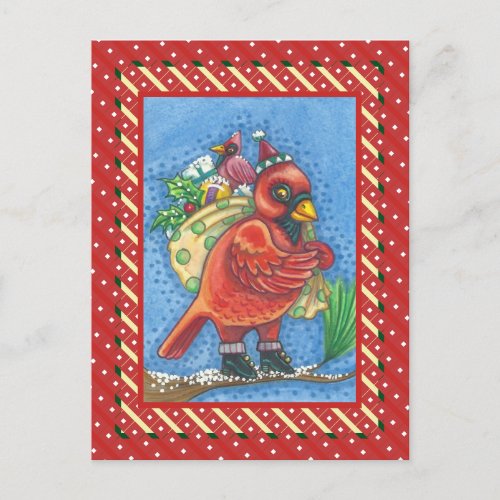 RED BIRD SANTA GOOD CHEER CHRISTMAS CARDINAL HOLIDAY POSTCARD