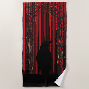Red Bird Silhouette Black Raven Beach Towel