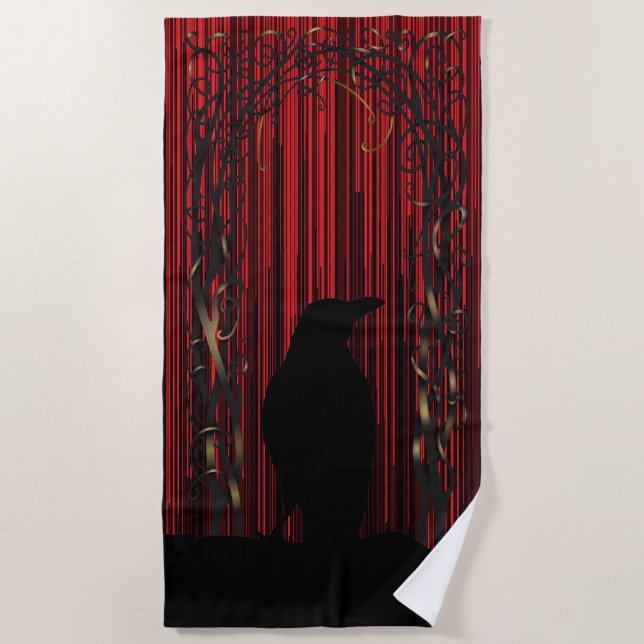 Red Bird Silhouette Black Raven Beach Towel (Front)