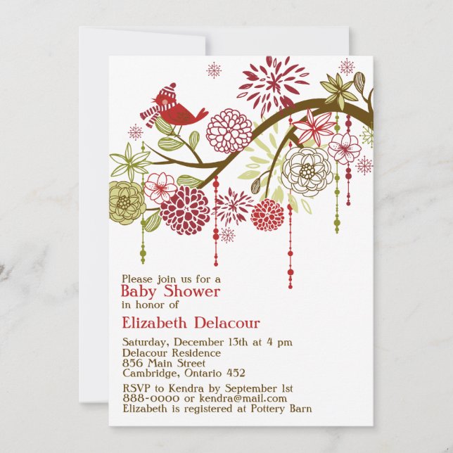 Red Bird Whimsical Winter Baby Shower Invitation (Front)