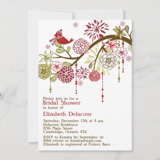 Red Bird Whimsical Winter Bridal Shower Invitation (Front)