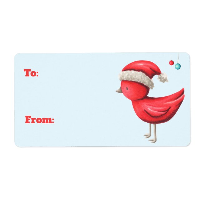 Red Bird with Santa Hat To and From Christmas Label (Front)