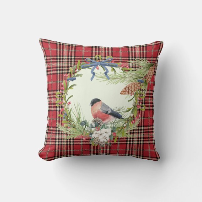 Red Bird & Wreath Christmas Throw Pillow (Front)