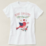Red Bird &amp; Wreath Scandinavian Christmas Folk Art  T-Shirt