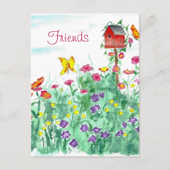 Red Birdhouse Butterfly Flower Garden Friends Postcard (Front)