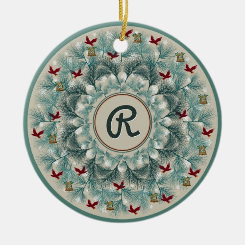 Red Birds and Wispy Pine Personalized Ceramic Ornament