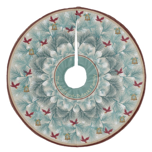 Red Birds and Wispy Pine Personalized Fleece Tree Skirt (Front)