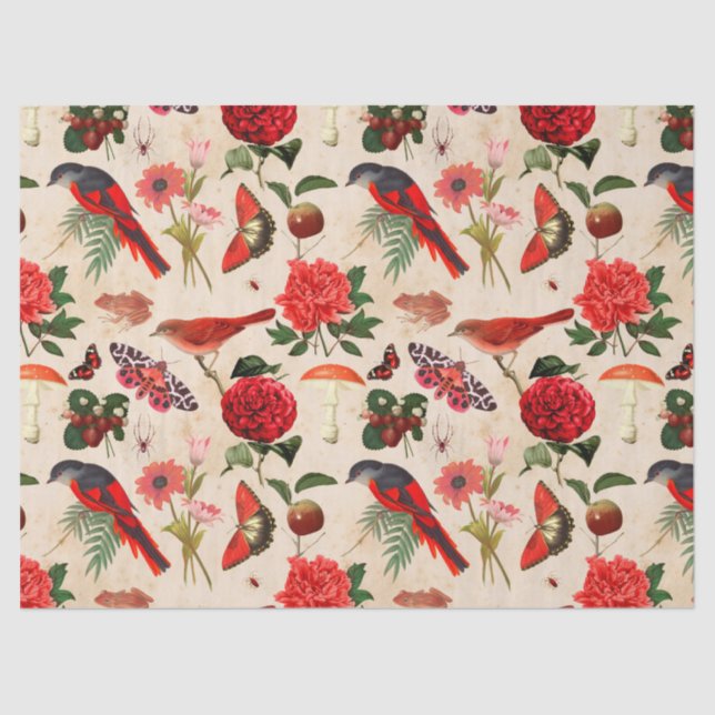 Red Birds Butterfly and Mushroom Decoupage Tissue Paper (Front)