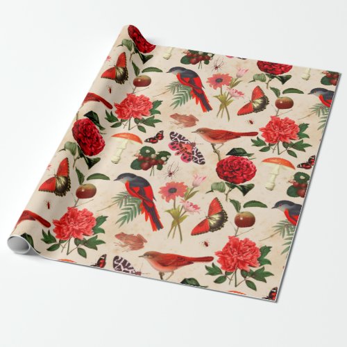 Red Birds Butterfly and Mushroom Wrapping Paper