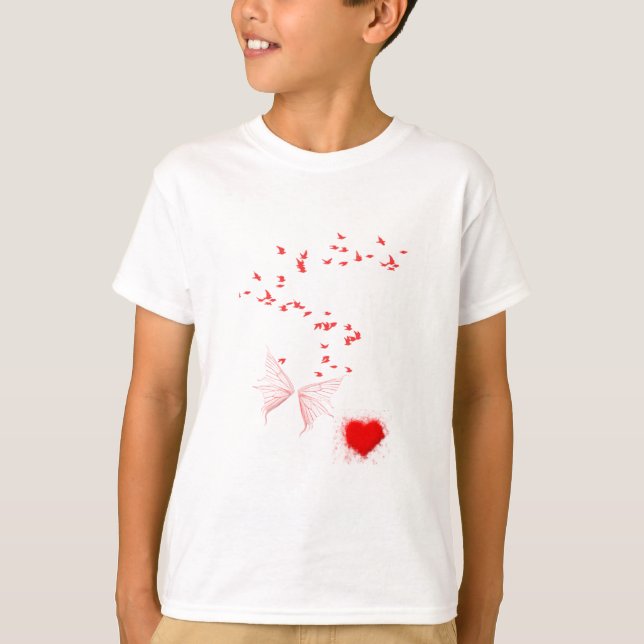 Red Birds Butterfly & Heart T-Shirt (Front)