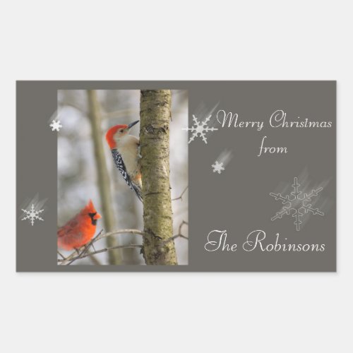 Red Birds Cardinal Woodpecker Snow Flake Christmas Rectangular Sticker