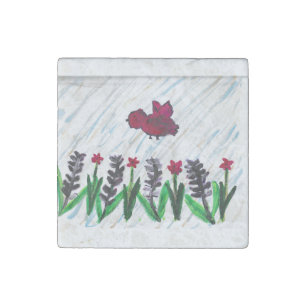 Red Birds Lavender Flowers Stone Magnet
