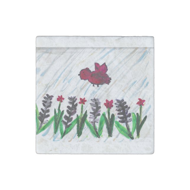 Red Birds Lavender Flowers Stone Magnet (Front)