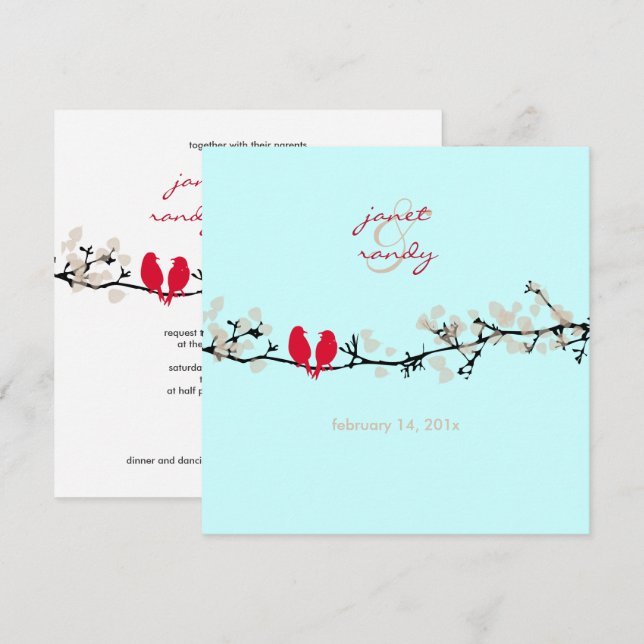 Red birds, love birds/colorful blossoms invitation (Front/Back)