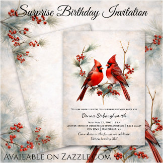 Red Birds on Snowy Pine Branch, Red Berries |  Invitation