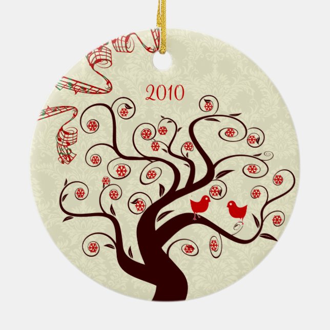 Red Birds Swirl Tree Christmas Photo Ornament (Back)