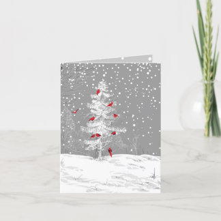 Red Birds, White Christmas, Snowy Pine, w/ address Holiday Card