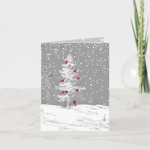Red Birds White Christmas Snowy Pine w address Holiday Card
