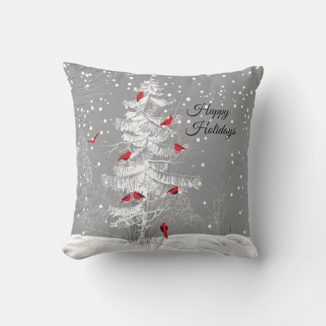 Red Birds, White Christmas Throw Pillow (Front)