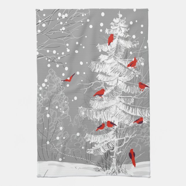 Red Birds, White Christmas Towel (Vertical)