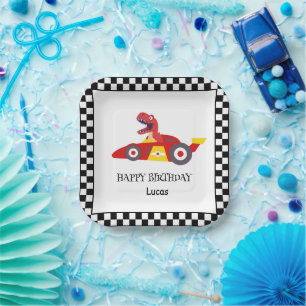 Red Birthday Dinosaur race car boy racing kid name Paper Plates