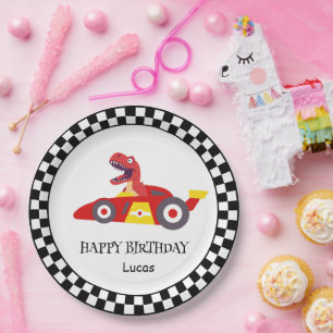 Red Birthday Dinosaur race car boy racing kid name Paper Plates