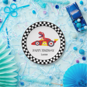 Red Birthday Dinosaur race car boy racing kid name Paper Plates