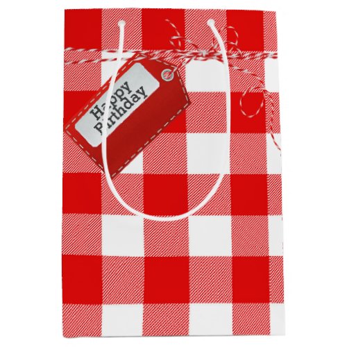 Red Birthday Gift Tag On Buffalo Plaid Medium Gift Bag