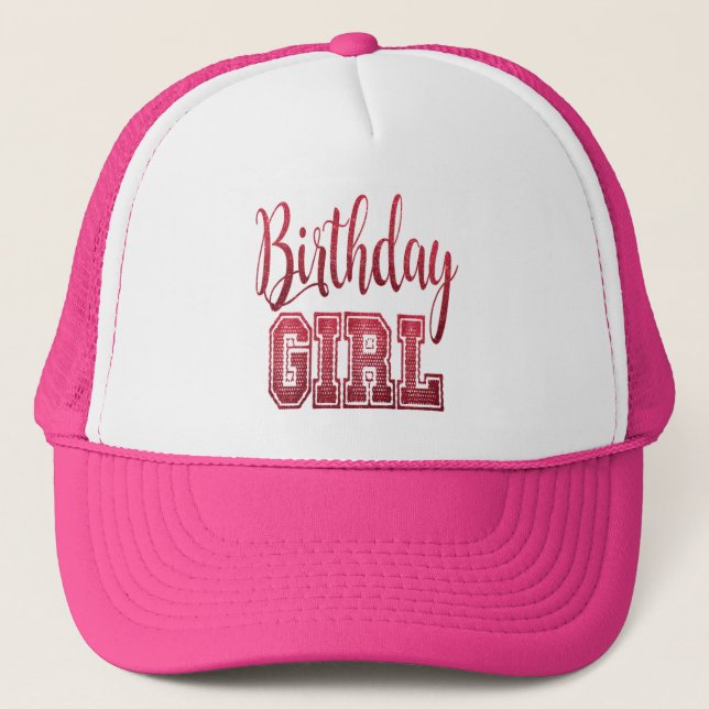 Red Birthday Girl Text Trucker Hat (Front)