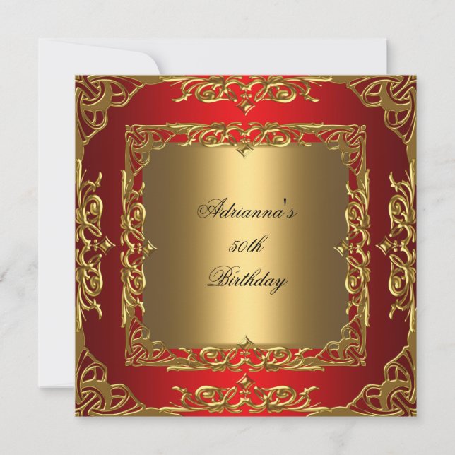 Red Birthday Party Gold Lace 50th Gold Overlay Invitation (Front)