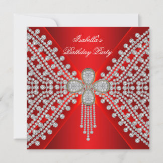 Red Birthday Party Silver White Diamond Image Invitation